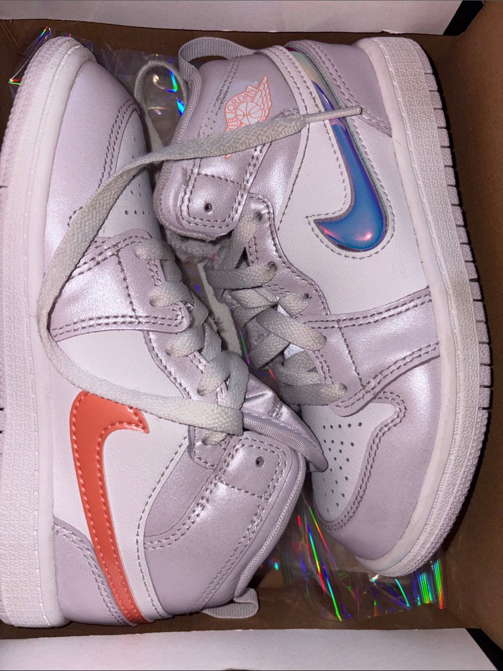 Jordan Kids Sneakers White with Pink Coral and Iridescent Blue Swooshes